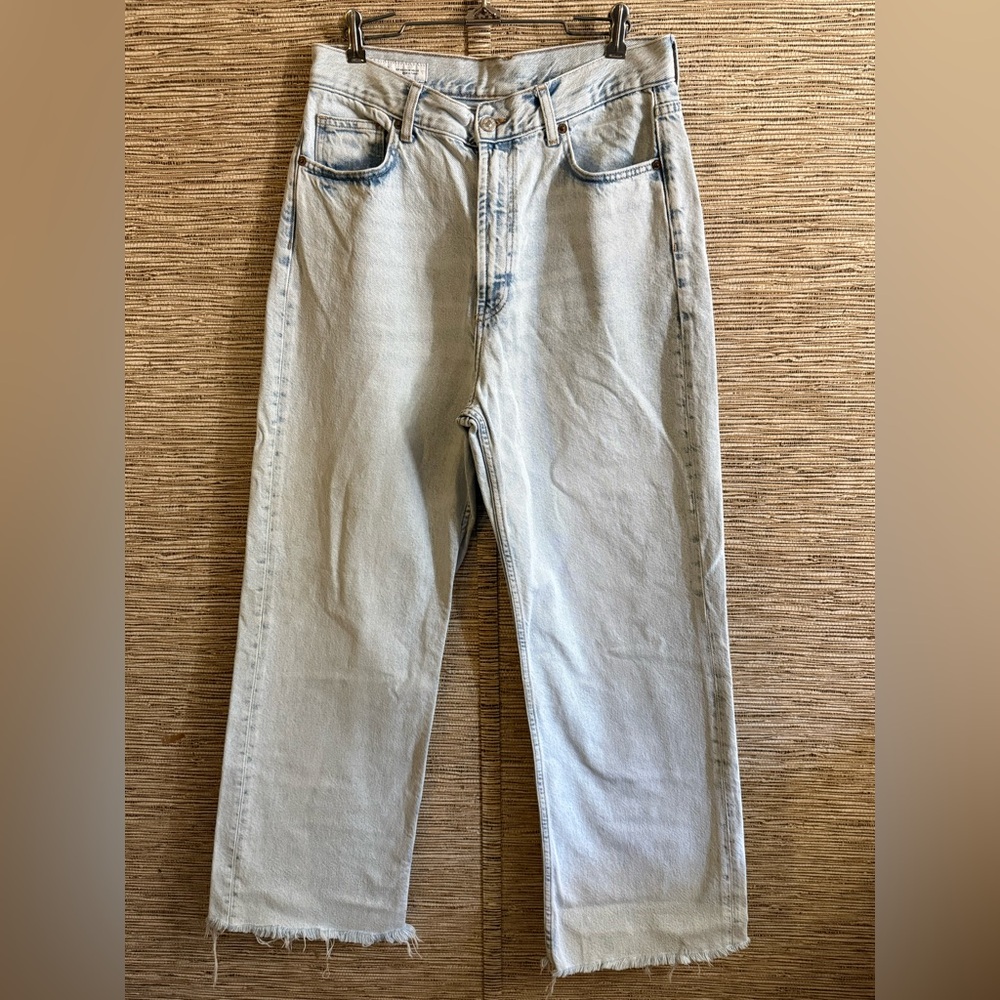 ZARA Jeans Women Size 10 Light Blue Acid Wide Leg Raw Hem Fringe High Waist
